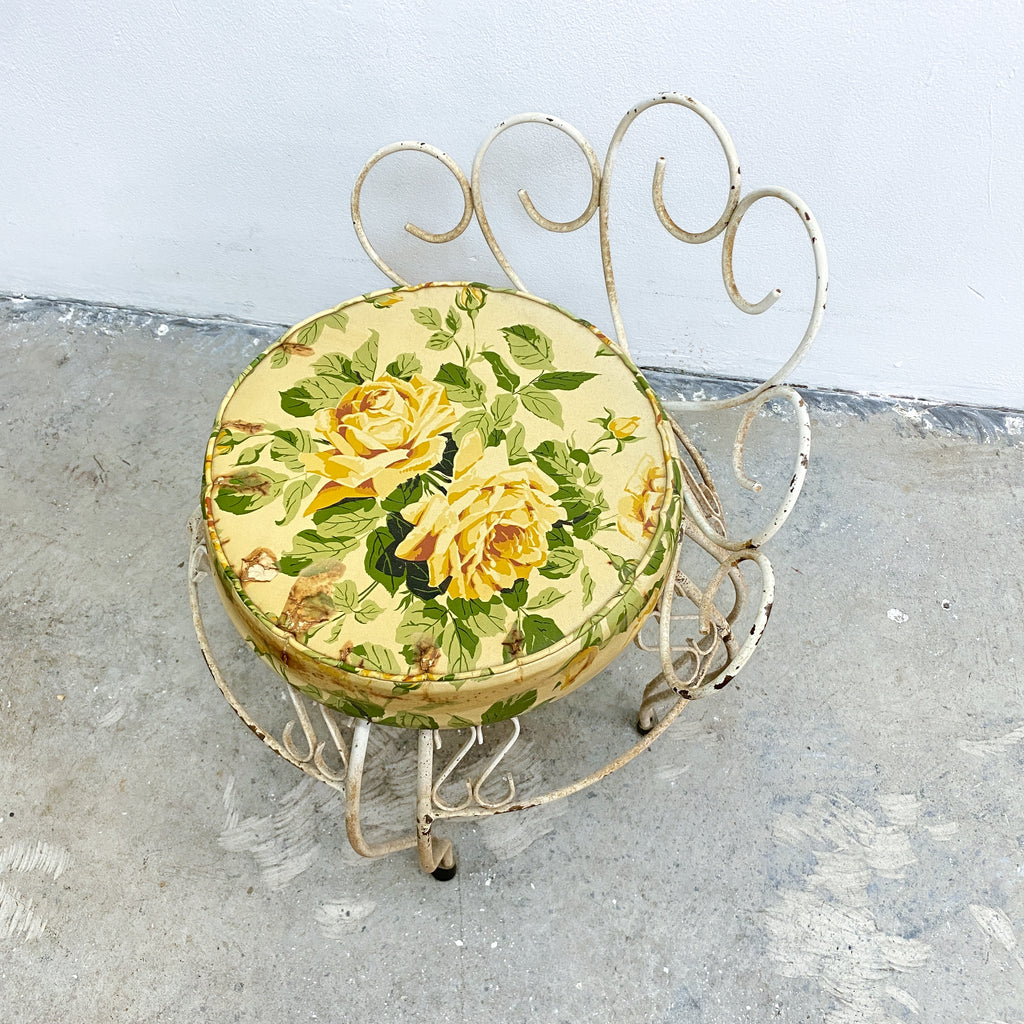 1960's Mid Century Wrought Iron Stool With Vinyl Rose Pattern Seat