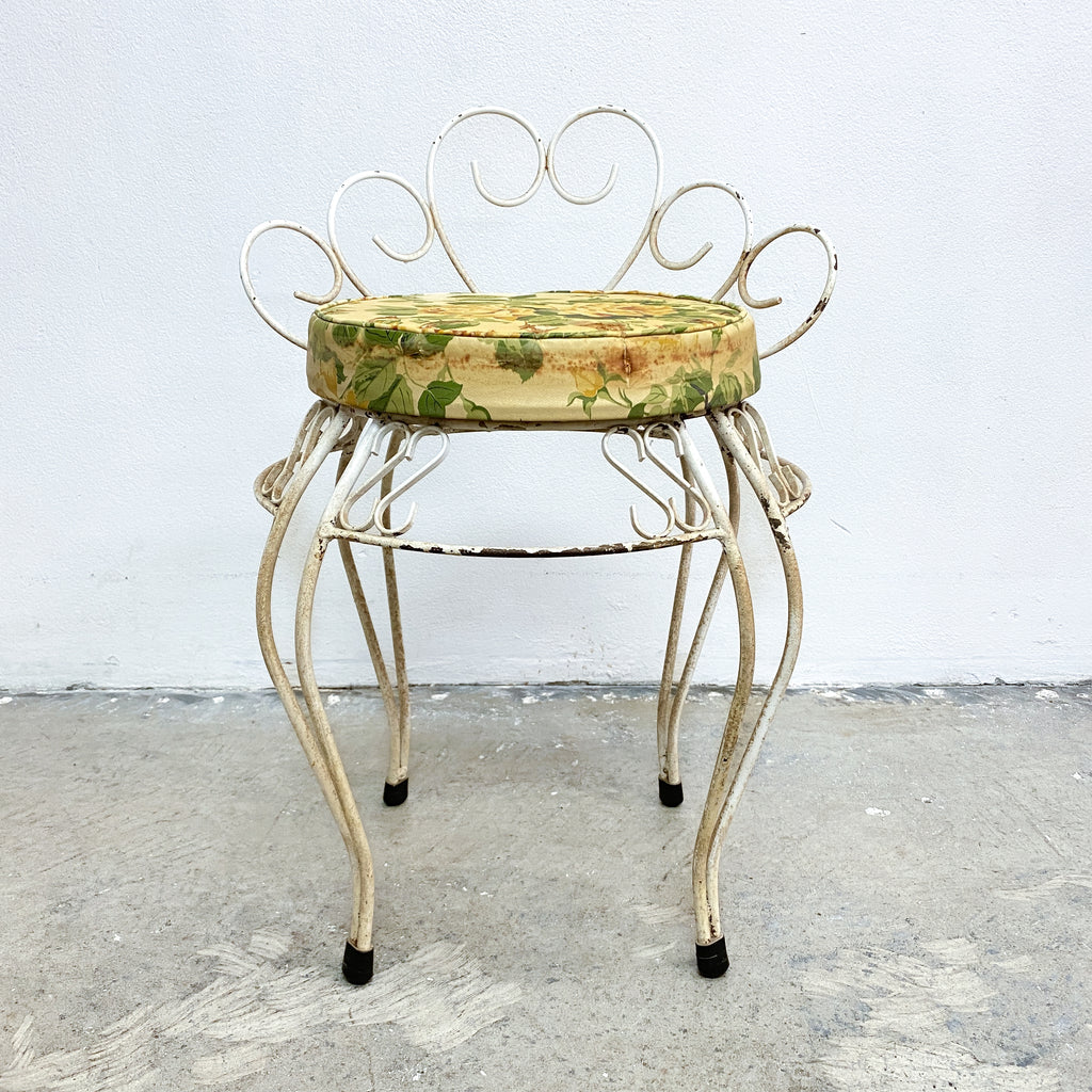 1960's Mid Century Wrought Iron Stool With Vinyl Rose Pattern Seat