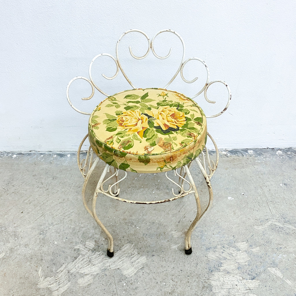 1960's Mid Century Wrought Iron Stool With Vinyl Rose Pattern Seat