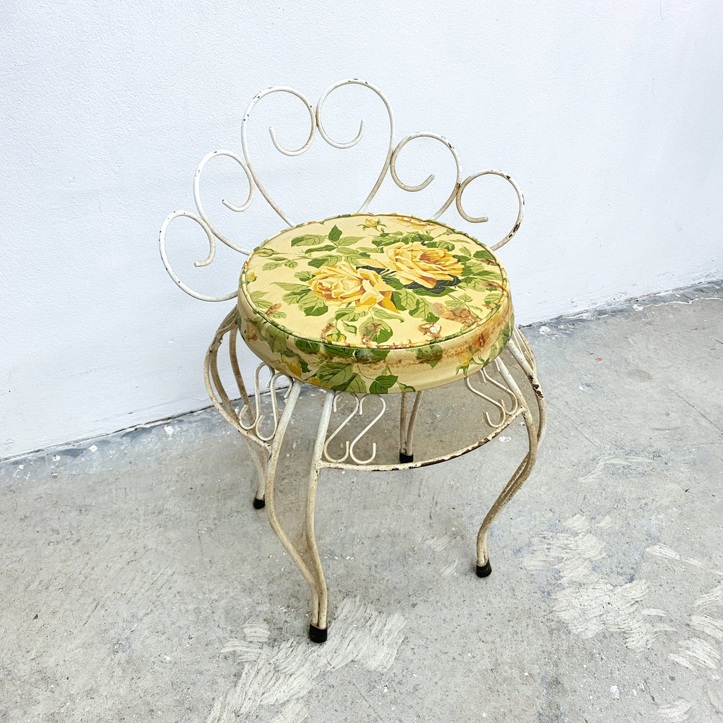 1960's Mid Century Wrought Iron Stool With Vinyl Rose Pattern Seat