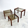 1980's Post Modern Nest Of 3 Brass, Wood And Smokey Glass Top Tables