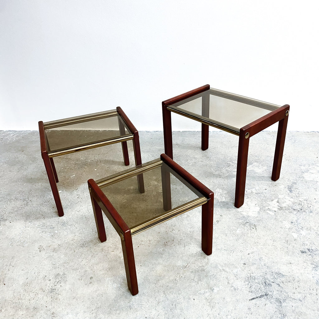 1980's Post Modern Nest Of 3 Brass, Wood And Smokey Glass Top Tables