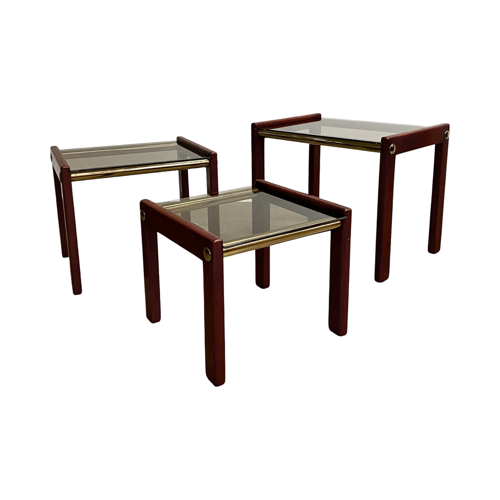 1980's Post Modern Nest Of 3 Brass, Wood And Smokey Glass Top Tables