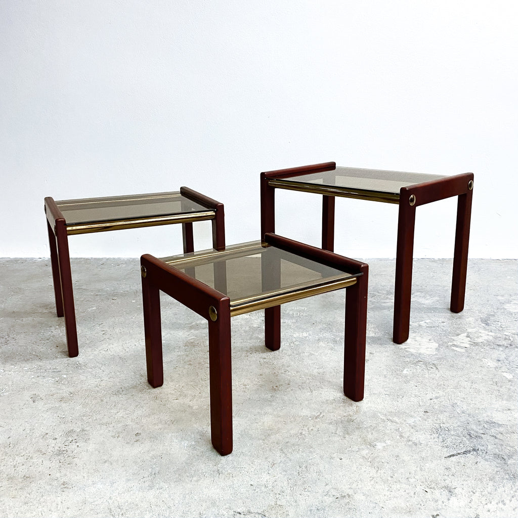 1980's Post Modern Nest Of 3 Brass, Wood And Smokey Glass Top Tables