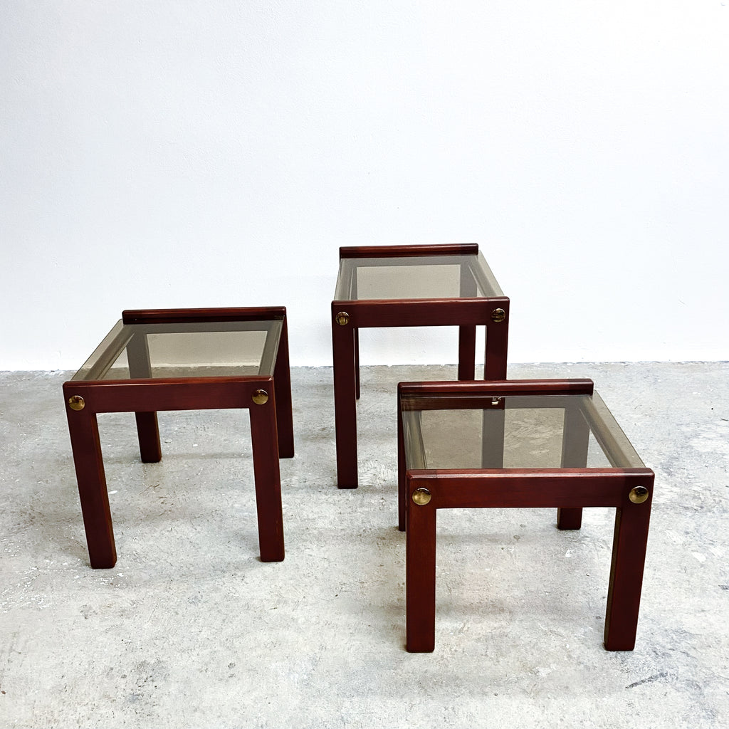 1980's Post Modern Nest Of 3 Brass, Wood And Smokey Glass Top Tables