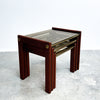 1980's Post Modern Nest Of 3 Brass, Wood And Smokey Glass Top Tables