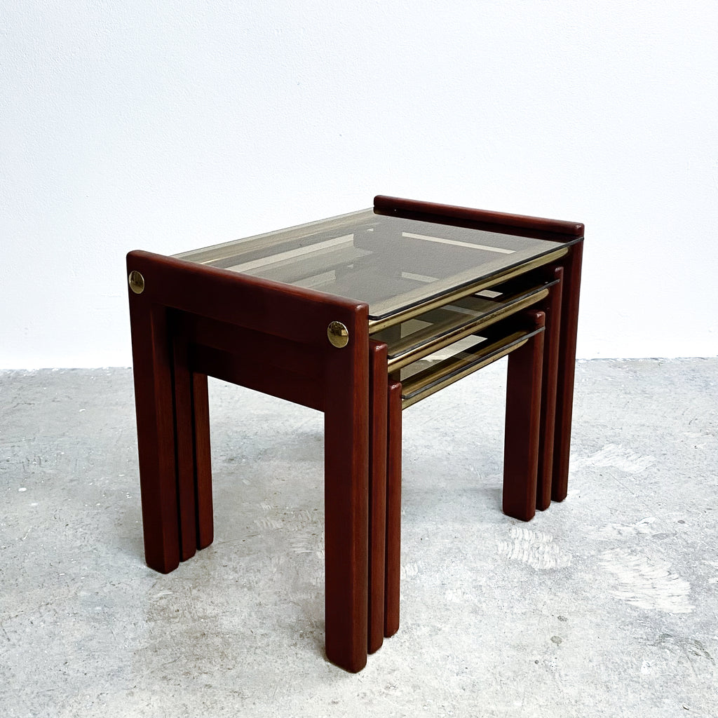 1980's Post Modern Nest Of 3 Brass, Wood And Smokey Glass Top Tables