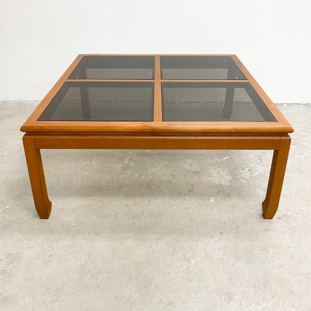 1980s Parker Teak Smokey Glass Square Coffee Table
