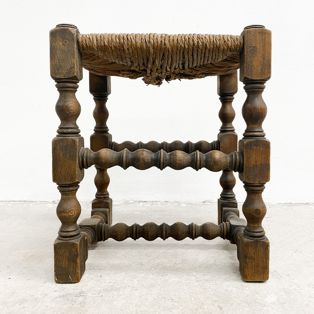 Vintage Footstool With Turned Legs And Rush Seat
