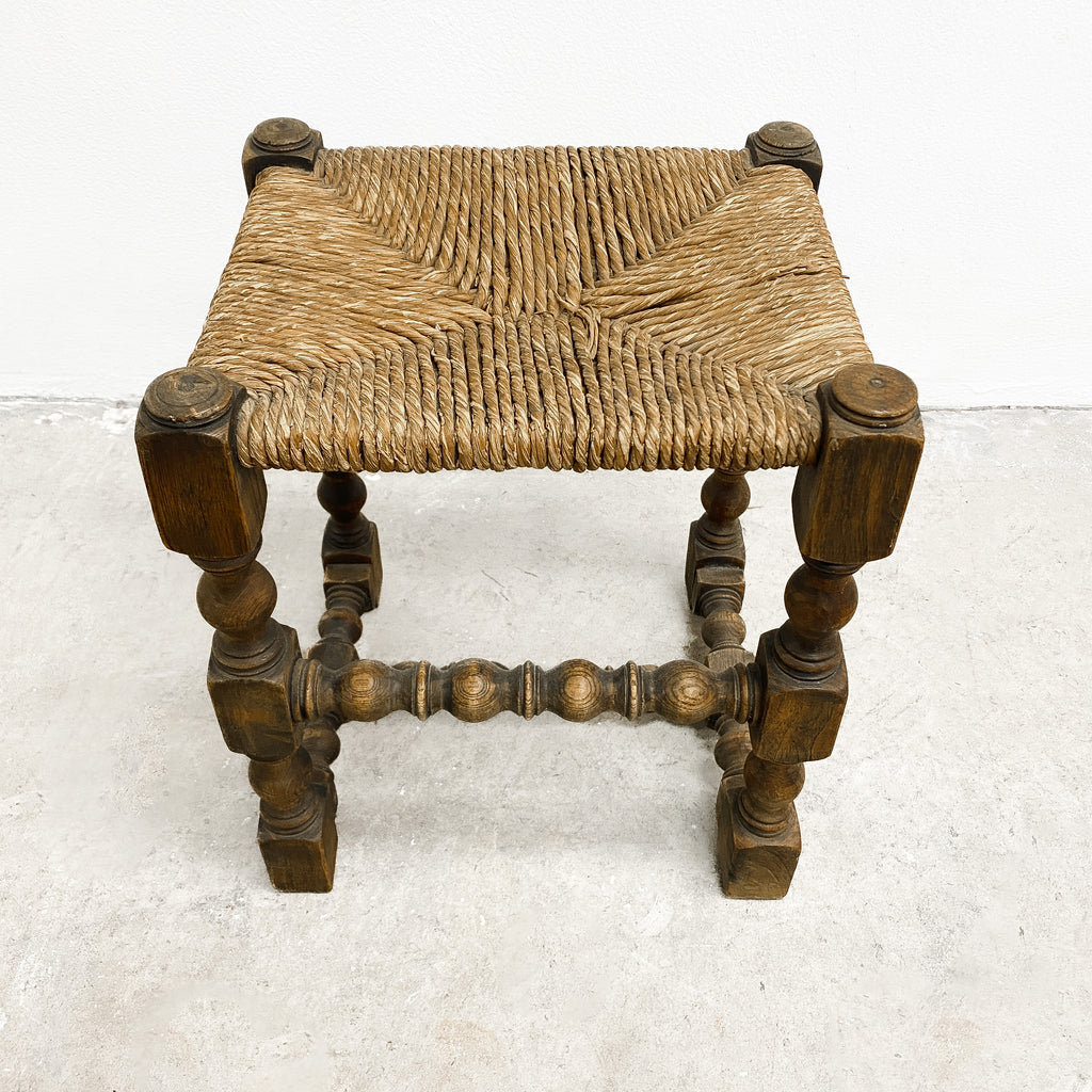 Vintage Footstool With Turned Legs And Rush Seat