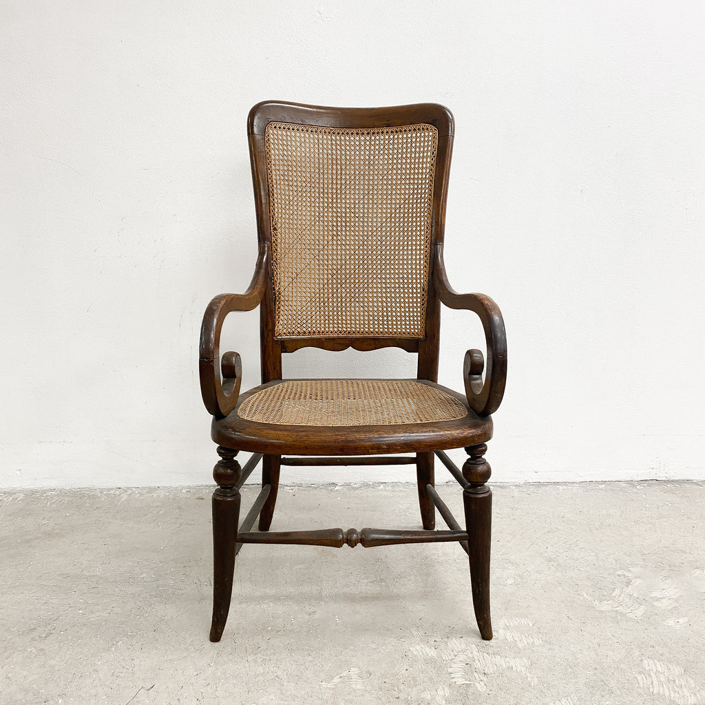 Antique Armchair With Hand Woven Rattan Cane Seat And Back