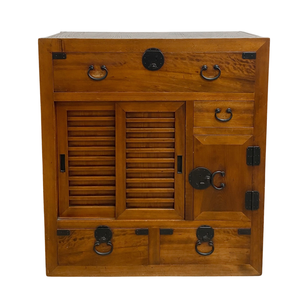 Vintage One piece Japanese Compact Tansu Chest Drawers With Keys The