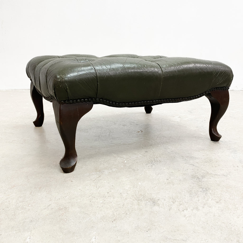 Antique Queen Anne Leg Green Leather Foot Stool Rest