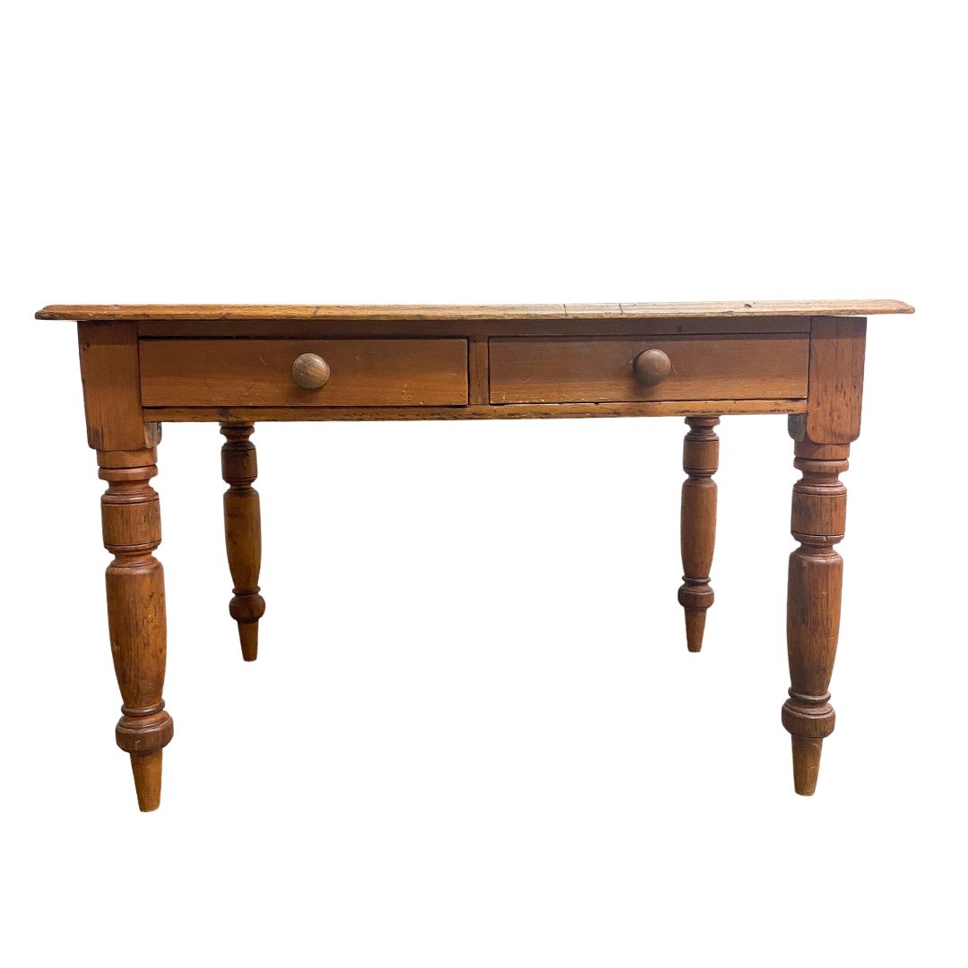 Antique Rustic Pine TableDesk With Two Drawers