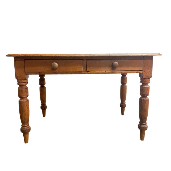 Antique Rustic Pine TableDesk With Two Drawers
