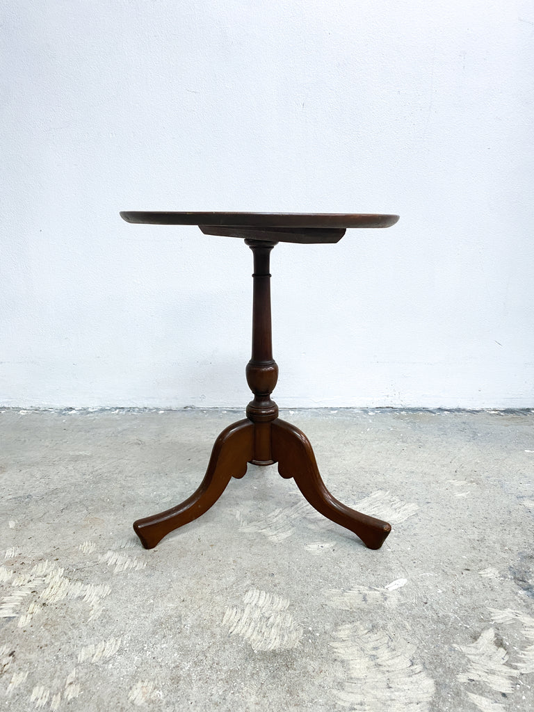 Antique Tri-Footed Round Top Cedar Wine Side Table