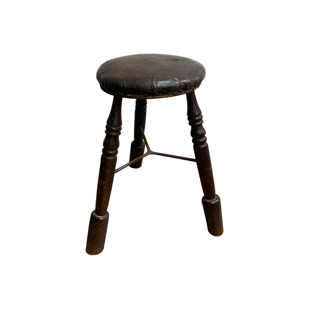Antique Tri Footed Wooden Stool With Leather Upholstery