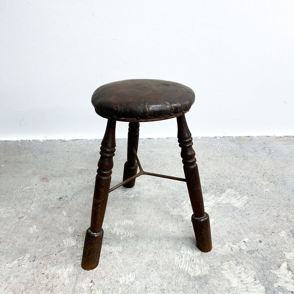 Antique Tri Footed Wooden Stool With Leather Upholstery