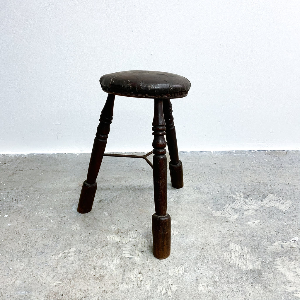 Antique Tri Footed Wooden Stool With Leather Upholstery