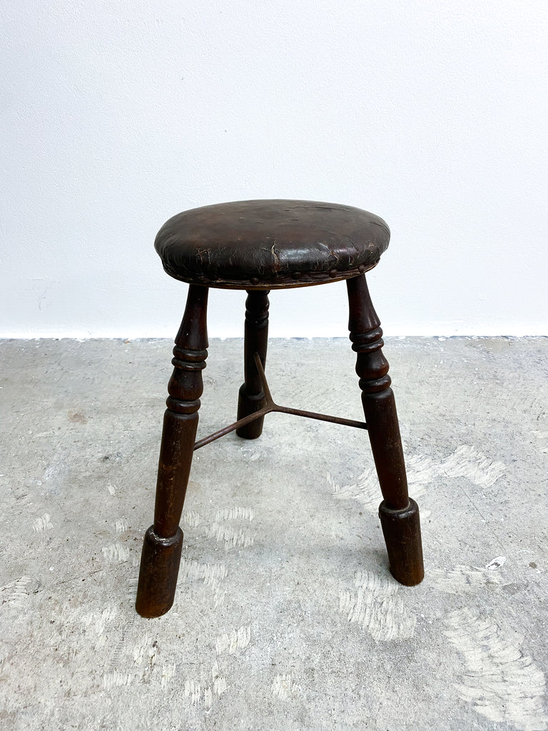 Antique Tri Footed Wooden Stool With Leather Upholstery