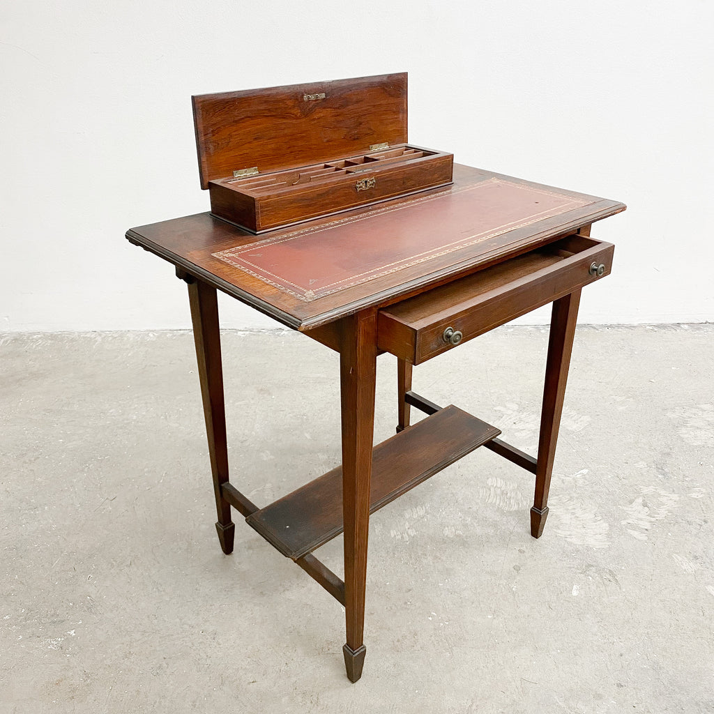 Antique Victorian Compact Writing Desk with Leather Top and Writing Box