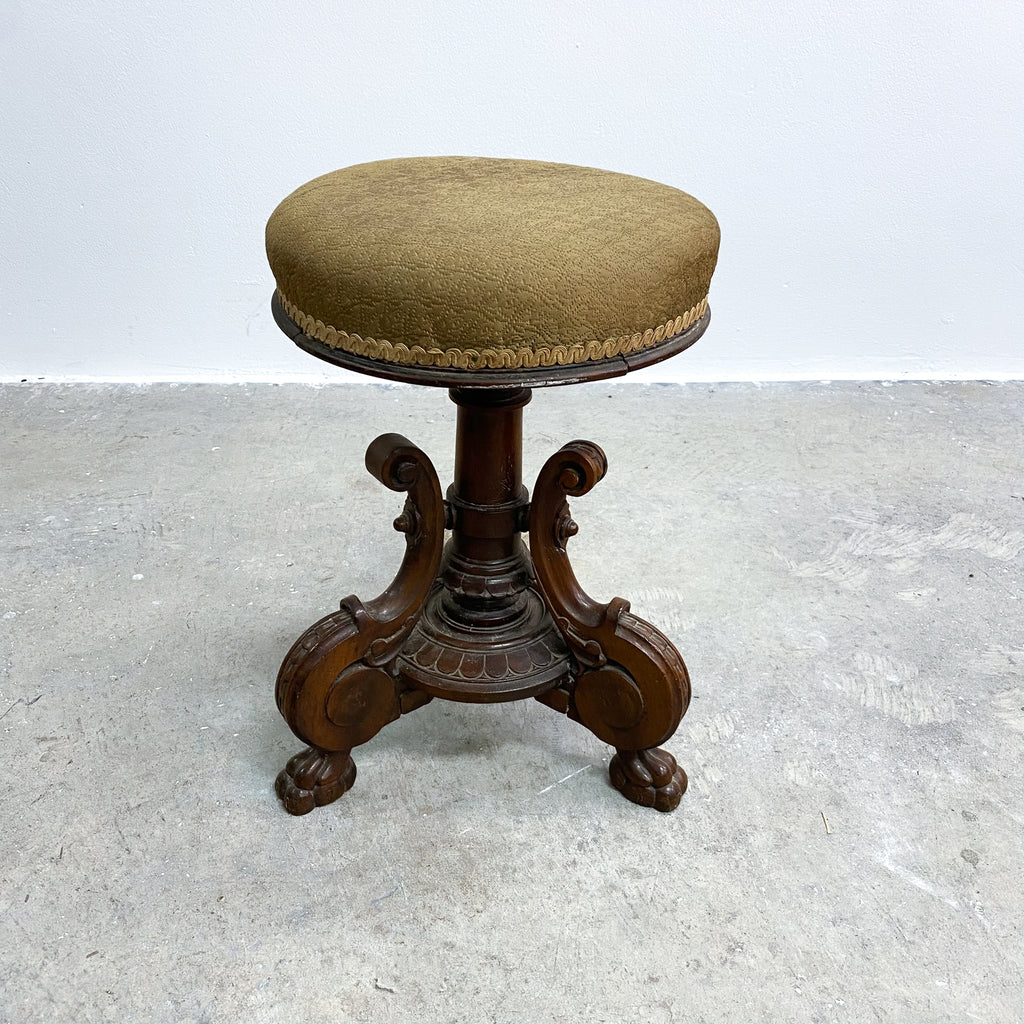 Antique Victorian Ornately Carved Tri Legged With Paw Feet Piano Stool