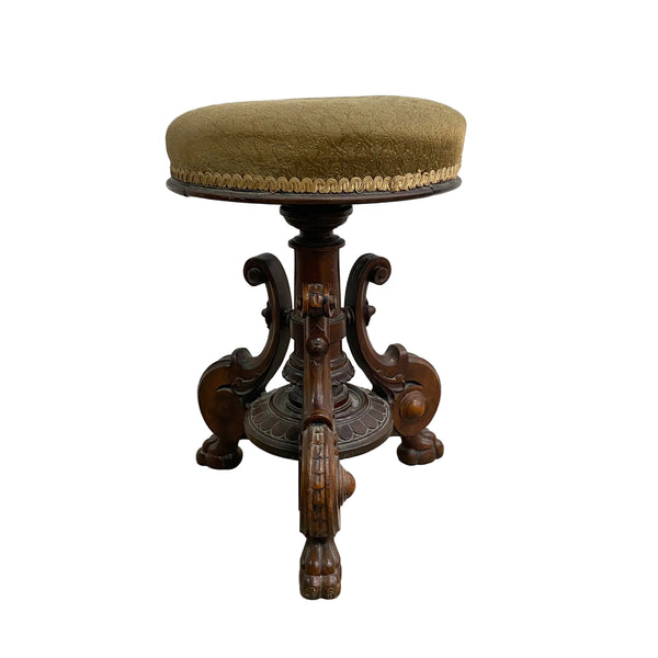 Antique Victorian Ornately Carved Tri Legged With Paw Feet Piano Stool