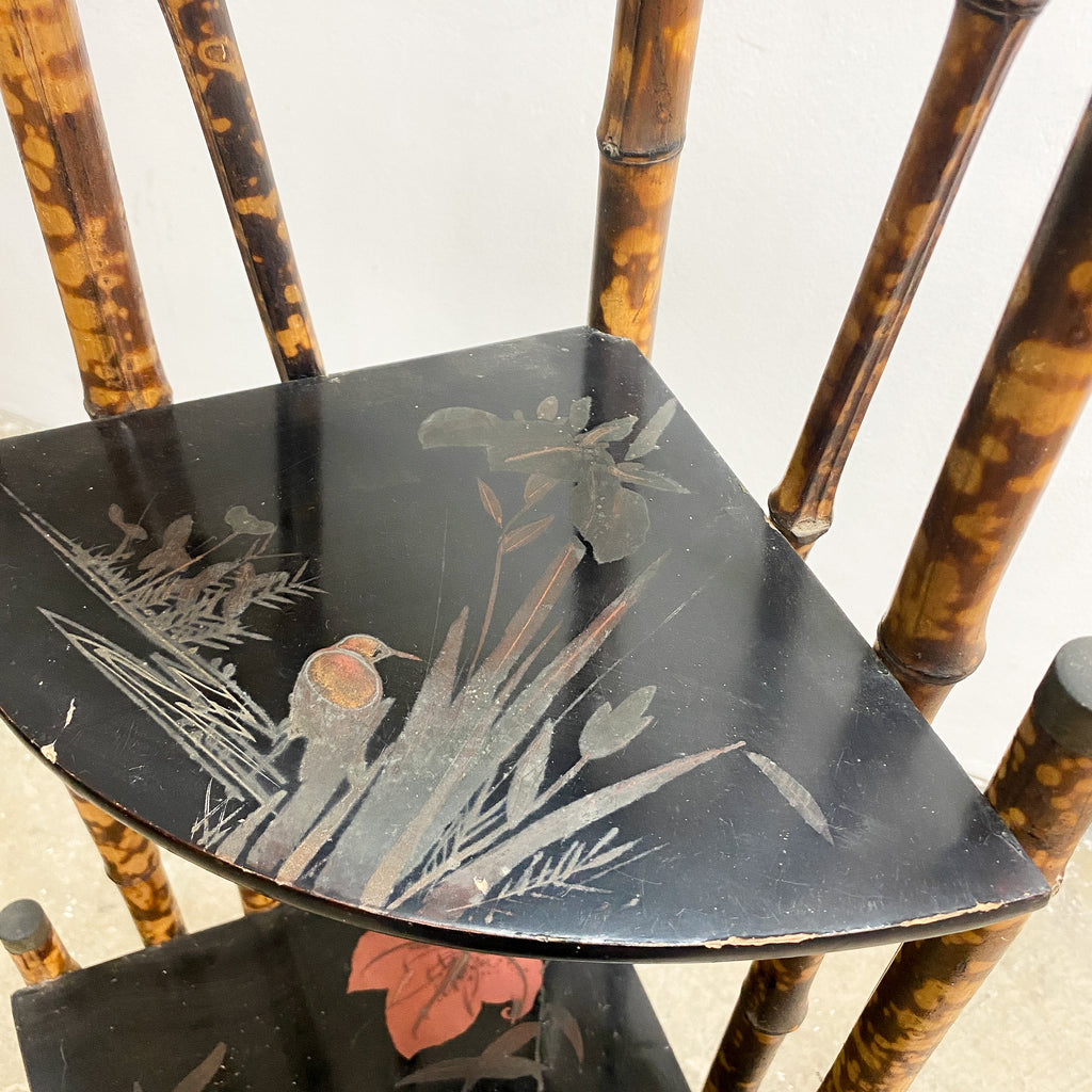 Antique Victorian Tiger Cane and Japanese Lacquer Corner Shelf