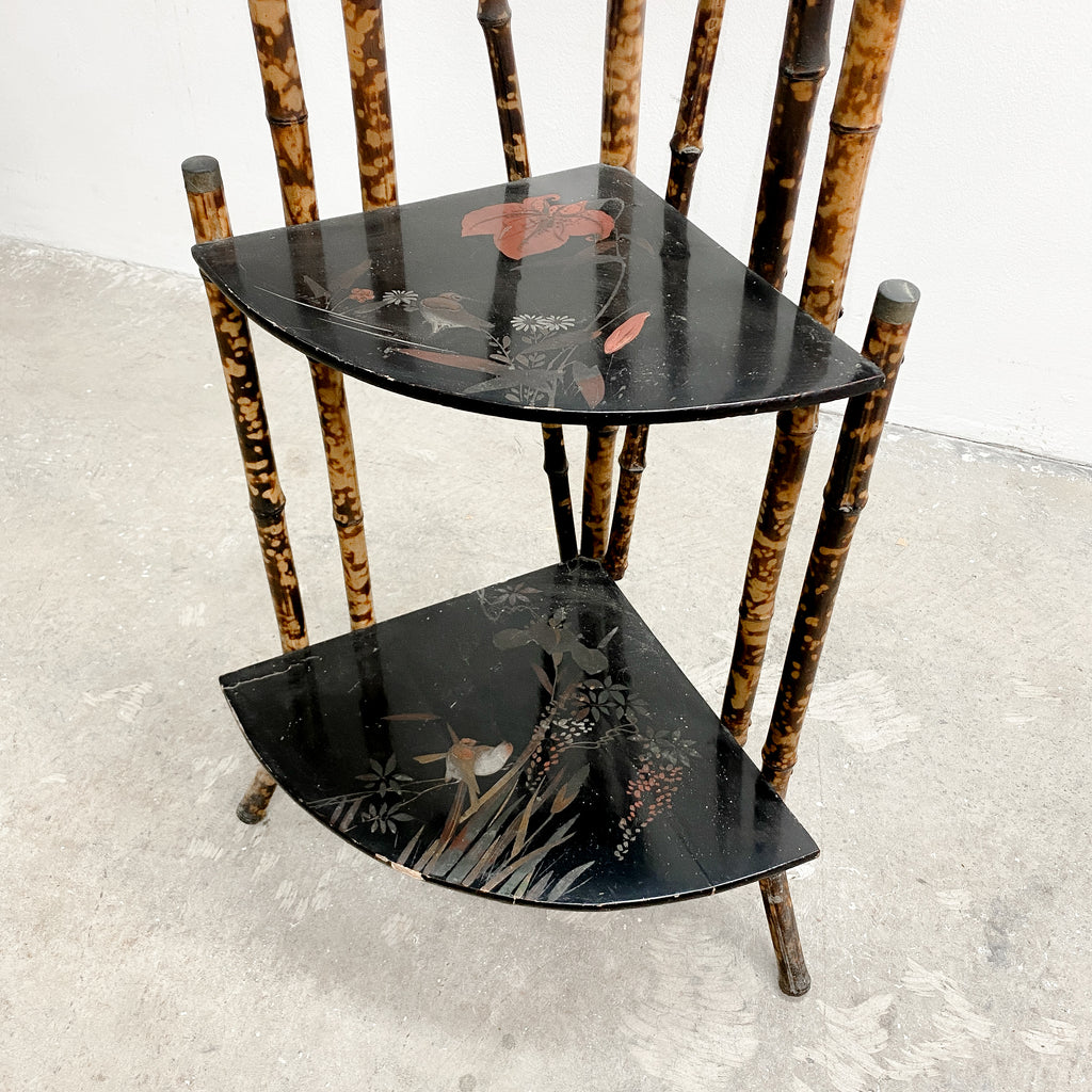 Antique Victorian Tiger Cane and Japanese Lacquer Corner Shelf