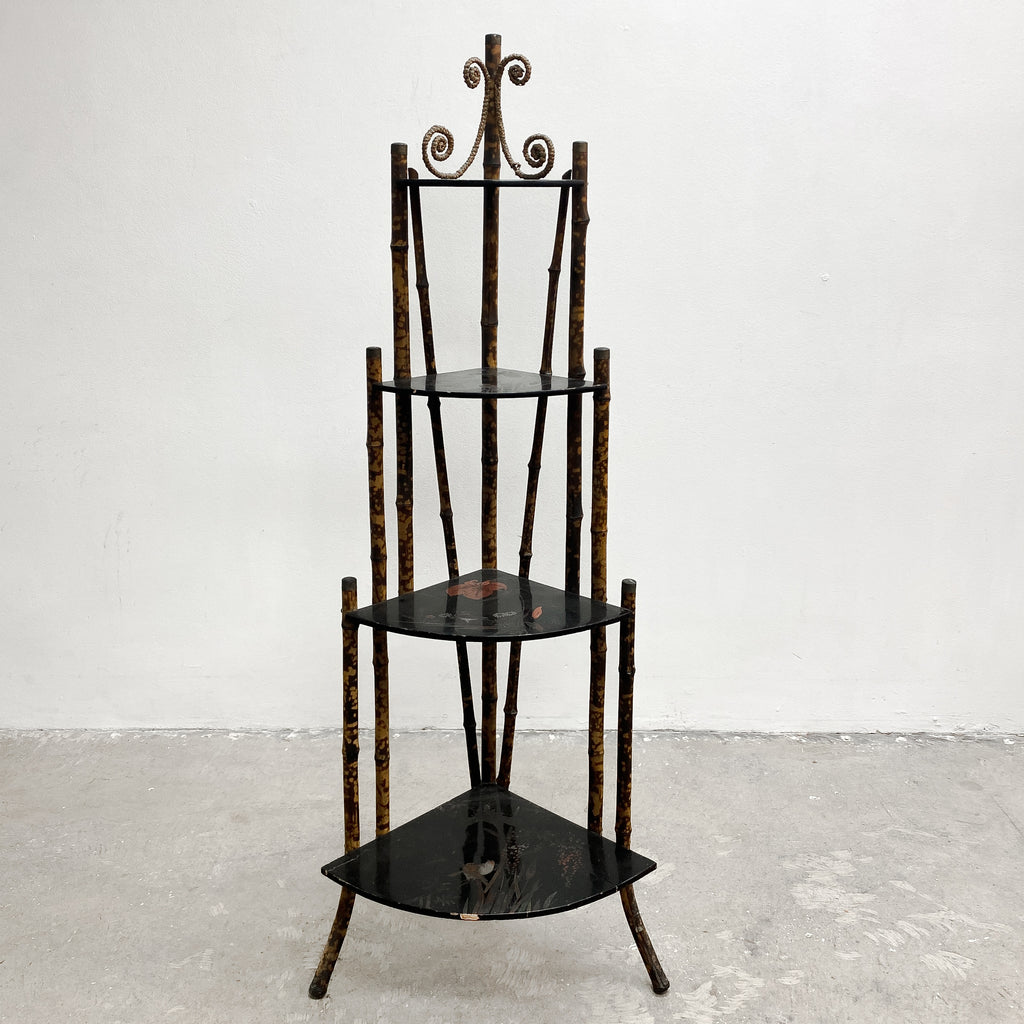 Antique Victorian Tiger Cane and Japanese Lacquer Corner Shelf