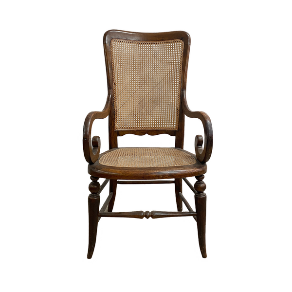 Antique Armchair With Hand Woven Rattan Cane Seat And Back