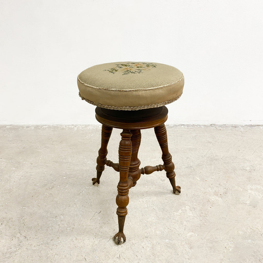 Antique Oak Revolving Adjustable Tapestry Piano Stool