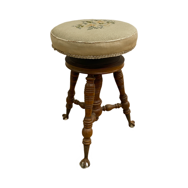 Antique Oak Revolving Adjustable Tapestry Piano Stool