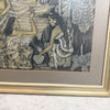 A framed art print featuring a detailed, stylized illustration of two women in a tropical setting, rendered in shades of gray, black, and beige with a gold-toned frame and mat.