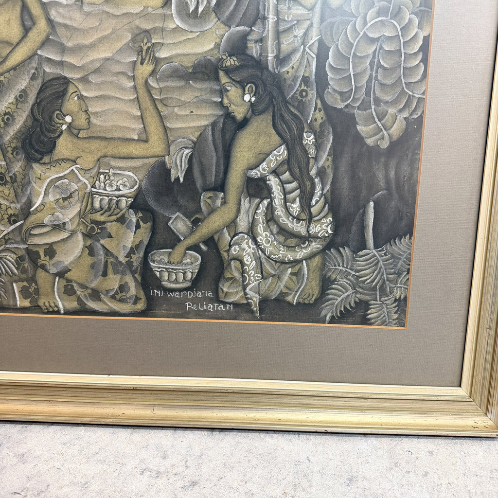 A framed art print featuring a detailed, stylized illustration of two women in a tropical setting, rendered in shades of gray, black, and beige with a gold-toned frame and mat.