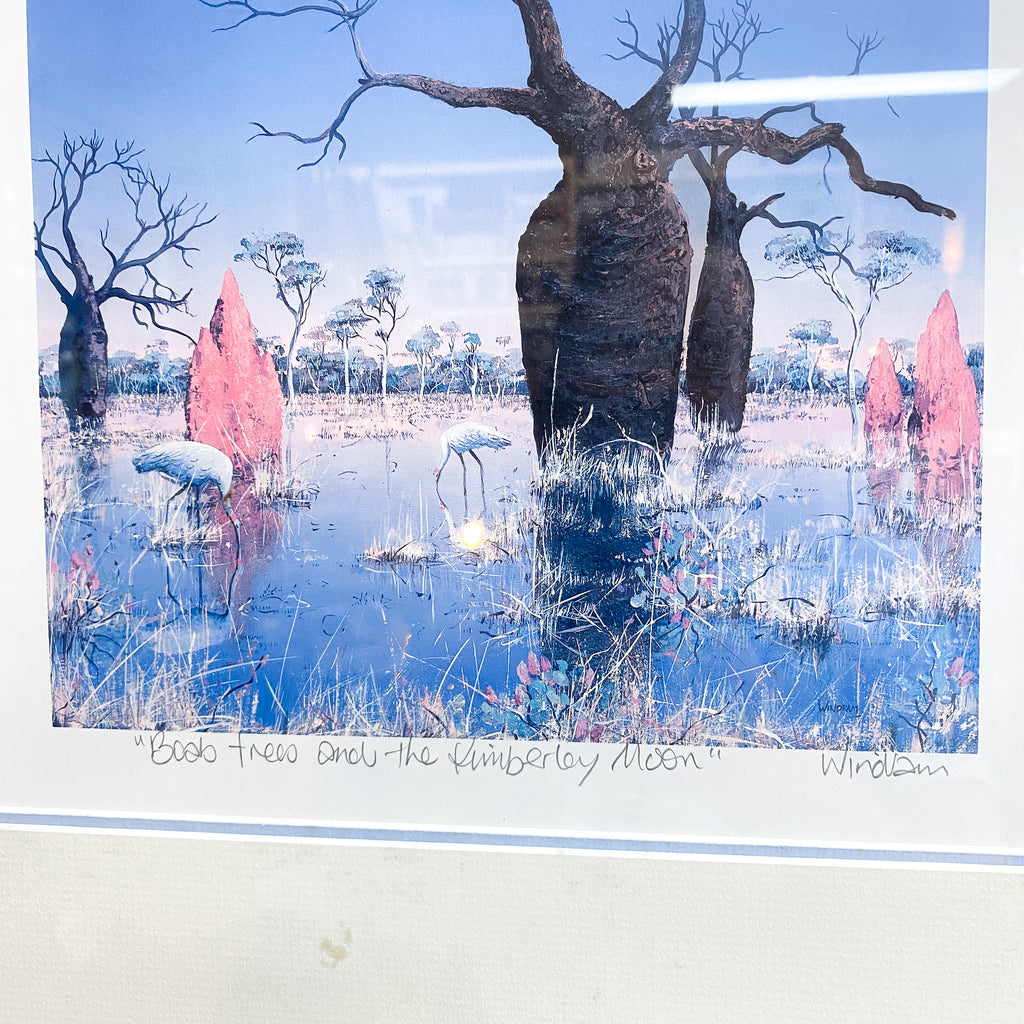 Artistic depiction of trees and pink structures in a reflective water surface with a blue sky.