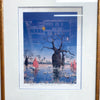 Framed artwork of trees and a building with a blue sky.