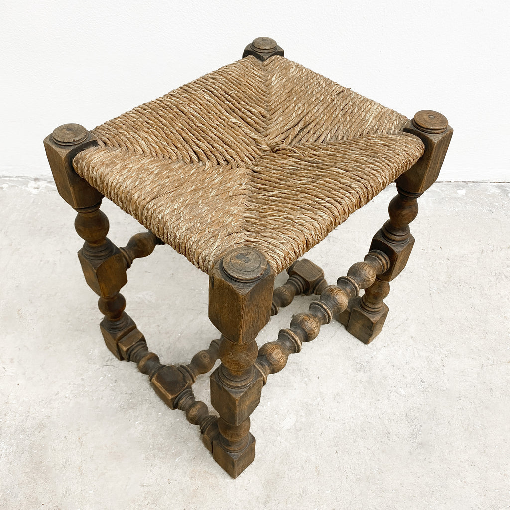 Vintage Footstool With Turned Legs And Rush Seat