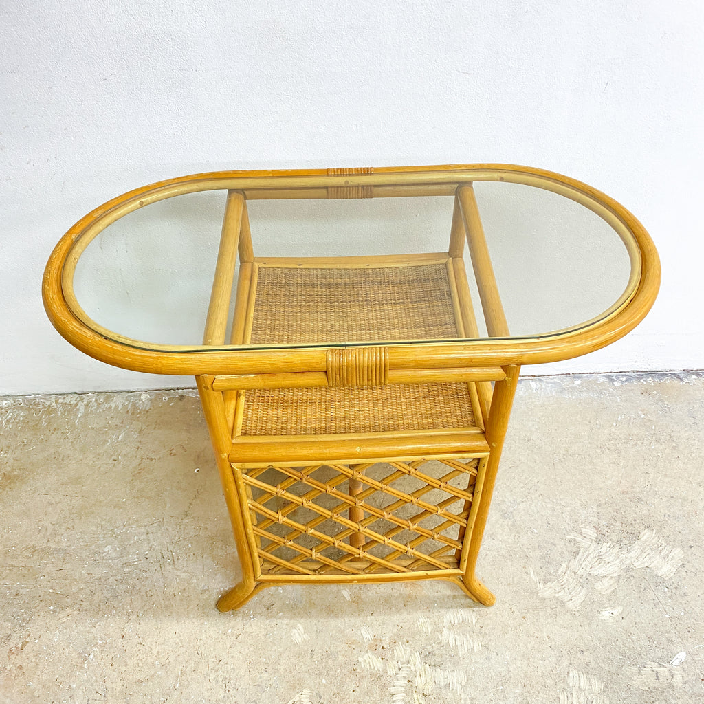 Rattan Cane Console or Side Table with Glass Inset Top