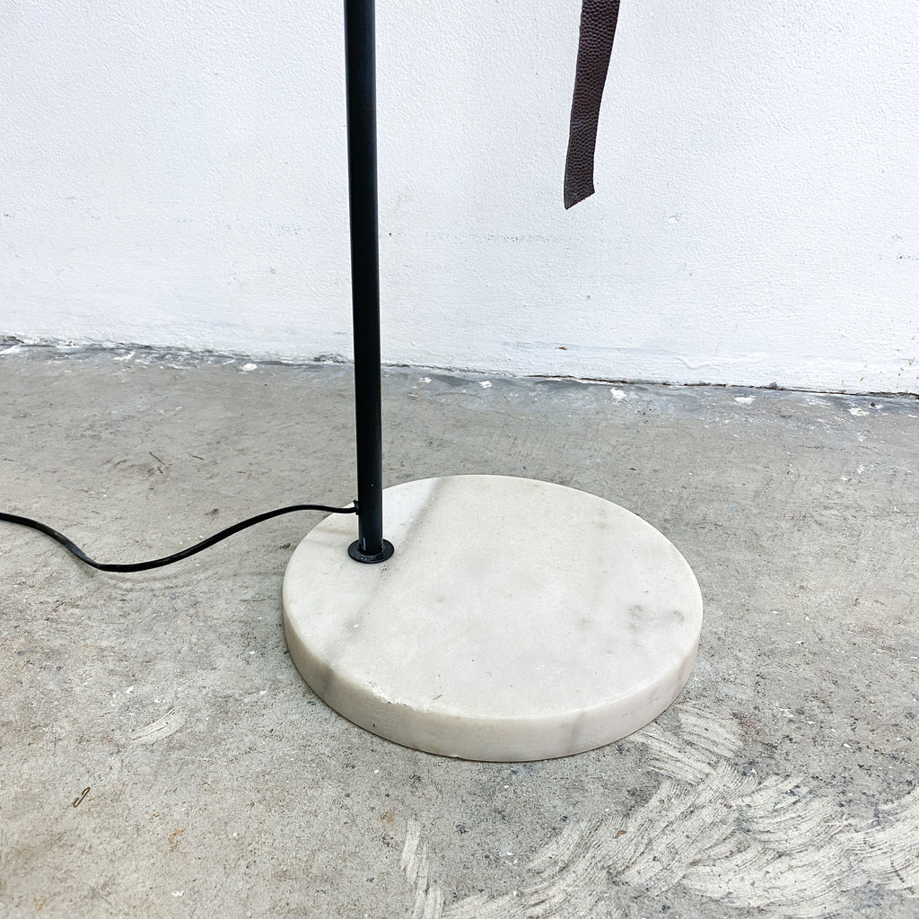 Contemporary Marble Base Lamp with Handmade Leather Strap Shade.
