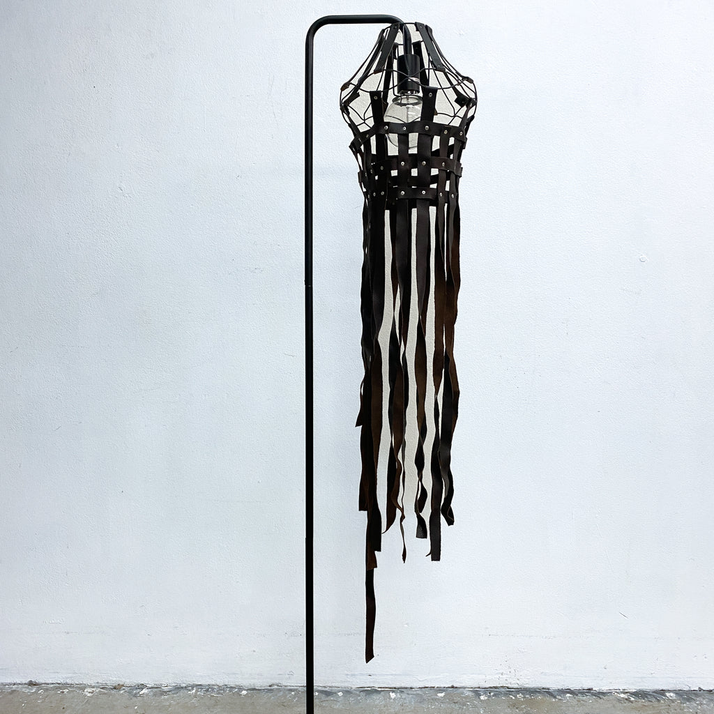 Contemporary Marble Base Lamp with Handmade Leather Strap Shade.