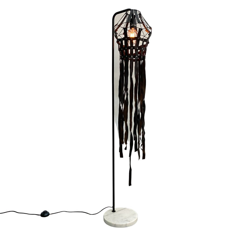 Contemporary Marble Base Lamp with Handmade Leather Strap Shade.