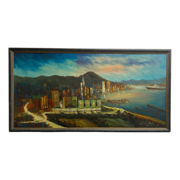 Mid Century Harbour Scene Oil Painting On Canvas