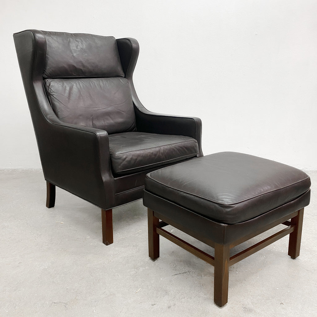 Danish Leather Wingback Chair With Footstool