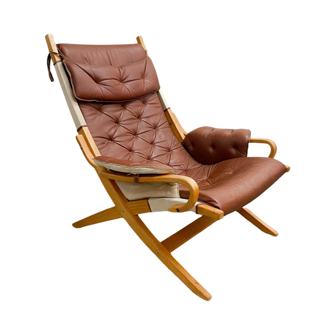 Danish Mid Century Leather Canvas And Beech Armchair