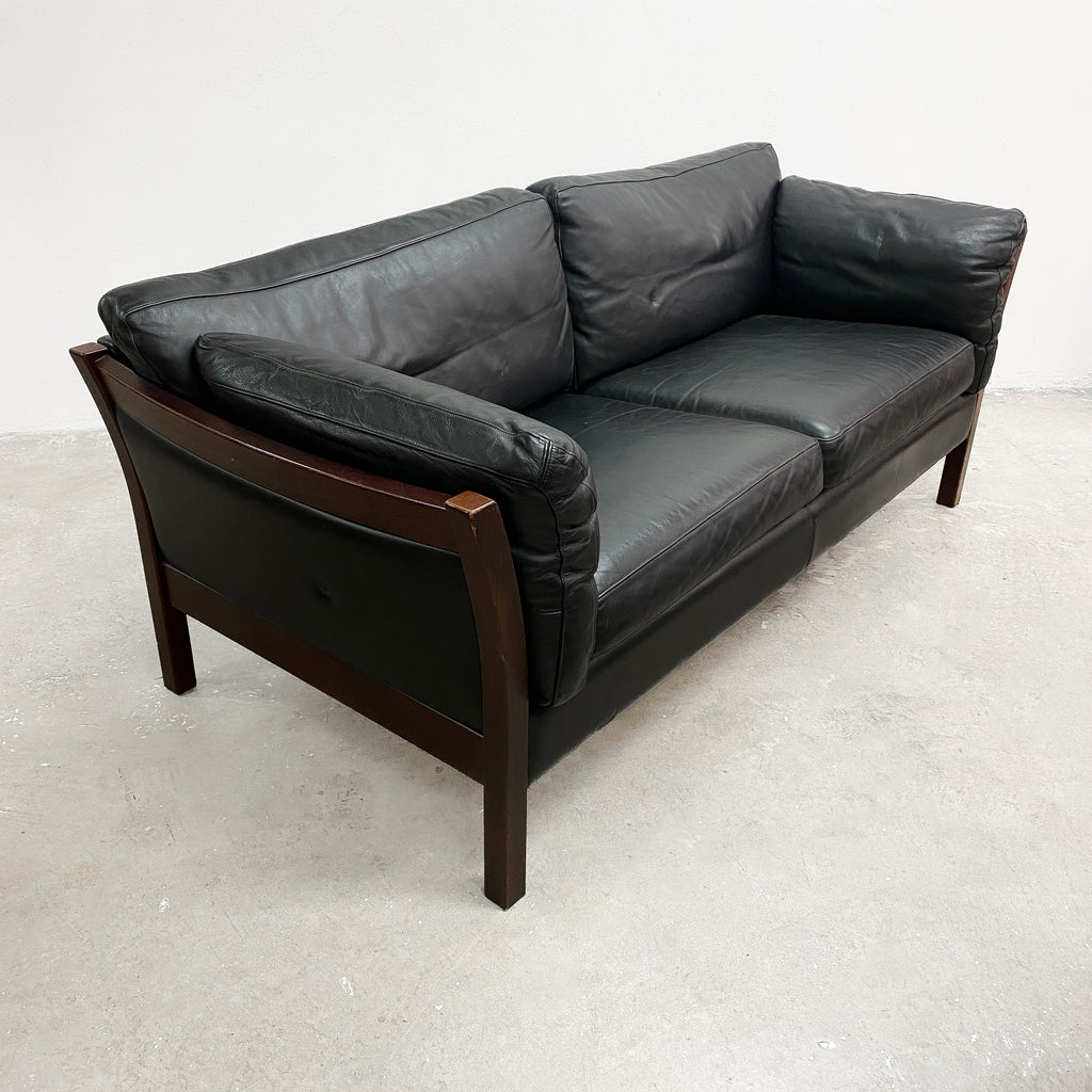 Danish Two Seater Black Leather Sofa