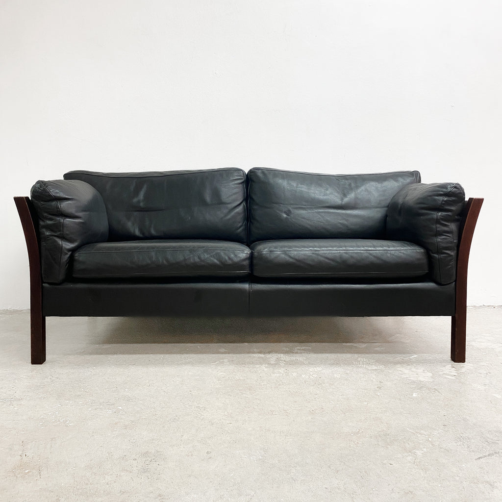 Danish Two Seater Black Leather Sofa