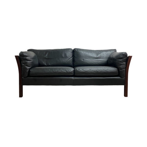 Danish Two Seater Black Leather Sofa