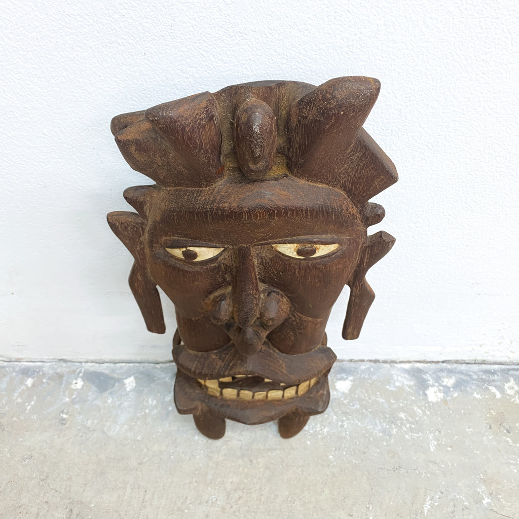 Double Sided Vintage Pacific Island Tribal Wooden Head Carving With Mother Of Pearl