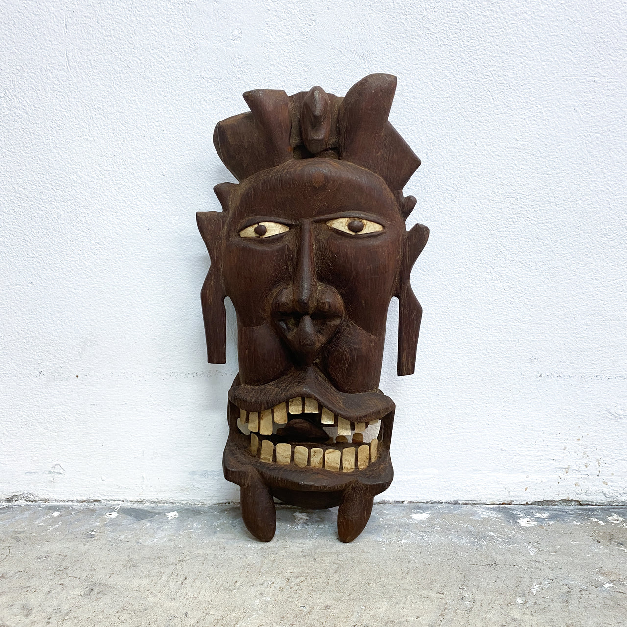 Double Sided Vintage Pacific Island Tribal Wooden Head Carving With Mother Of Pearl